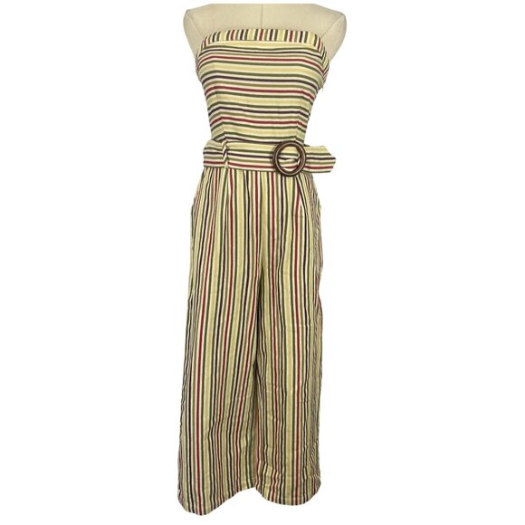 ⭐ 3/$15 Moon River Small Cream Striped Strapless Jumpsuit Belt Pockets - Picture 2 of 11